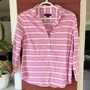 Lands' End Women's Pink, Purple, and White Striped Button Down Shirt